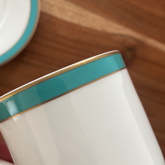 Crate & Barrel tea cup saucer set white teal gold fine bone China coffee - Picture 12 of 13